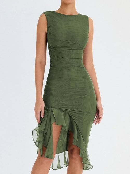 Mozision Elegant Ruffle Ruched Midi Dress For Women Robe Summer New