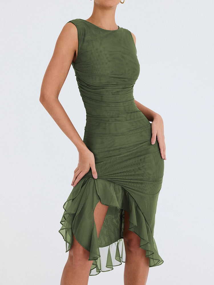Mozision Elegant Ruffle Ruched Midi Dress For Women Robe Summer New