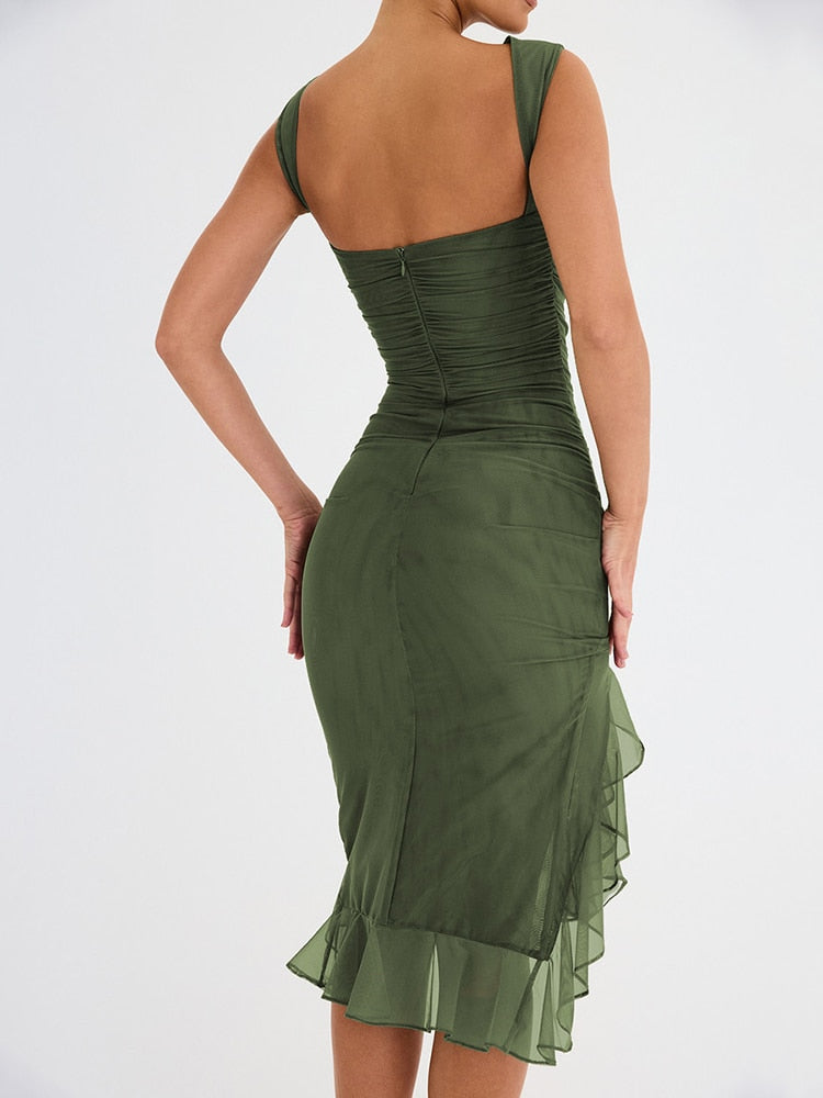 Mozision Elegant Ruffle Ruched Midi Dress For Women Robe Summer New