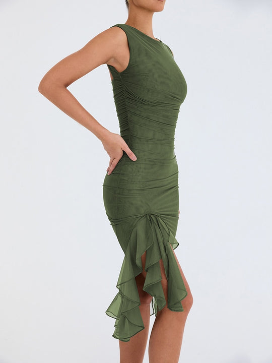Mozision Elegant Ruffle Ruched Midi Dress For Women Robe Summer New