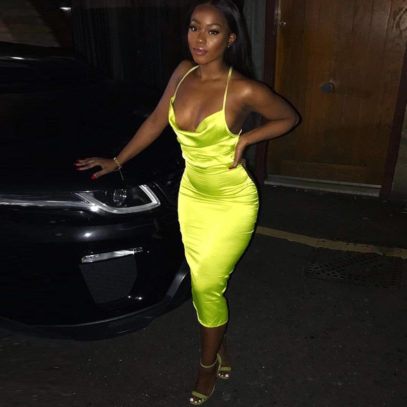 Neon Satin Lace Up Women's Long Midi Dress Light Pink Bodycon Backless