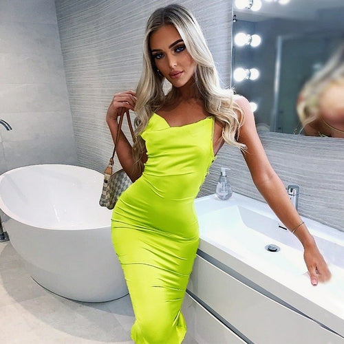Neon Satin Lace Up Women's Long Midi Dress Light Pink Bodycon Backless