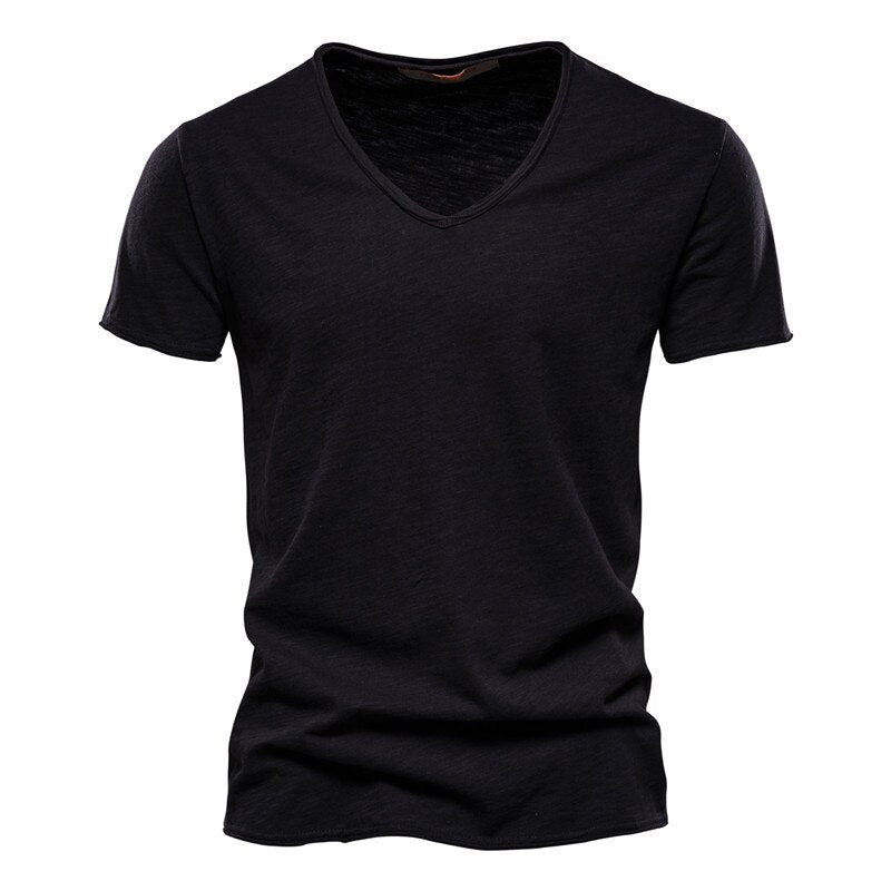 New 100% Cotton Men T Shirt Tops V Neck Thin Short Sleeve Tees High