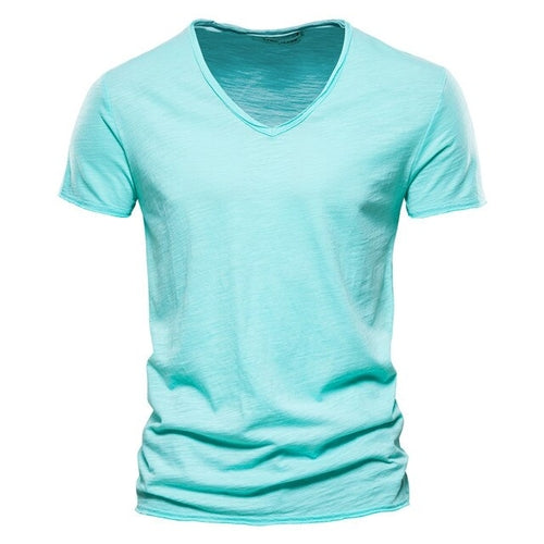 New 100% Cotton Men T Shirt Tops V Neck Thin Short Sleeve Tees High