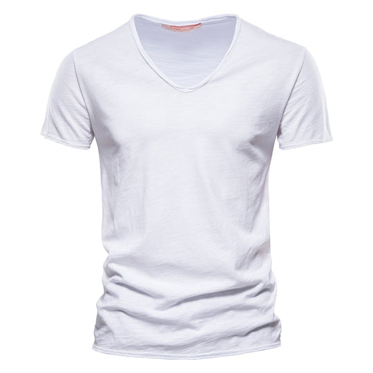New 100% Cotton Men T Shirt Tops V Neck Thin Short Sleeve Tees High