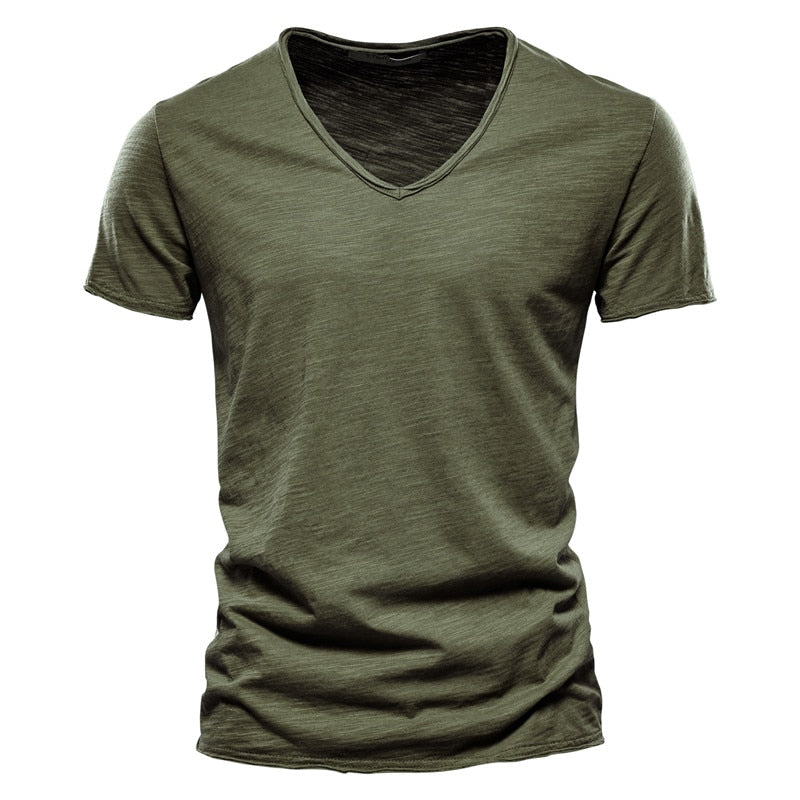 New 100% Cotton Men T Shirt Tops V Neck Thin Short Sleeve Tees High