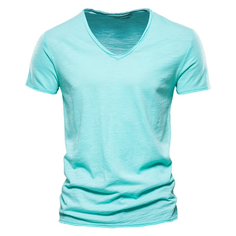 New 100% Cotton Men T Shirt Tops V Neck Thin Short Sleeve Tees High
