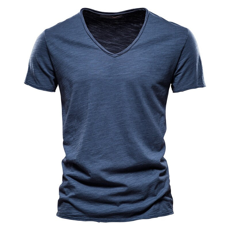 New 100% Cotton Men T Shirt Tops V Neck Thin Short Sleeve Tees High