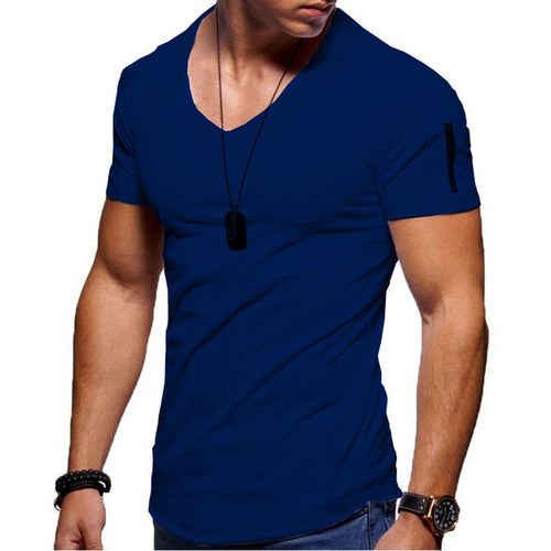 New Summer Men's V Neck T Shirt Fitness Bodybuilding Tshirt High