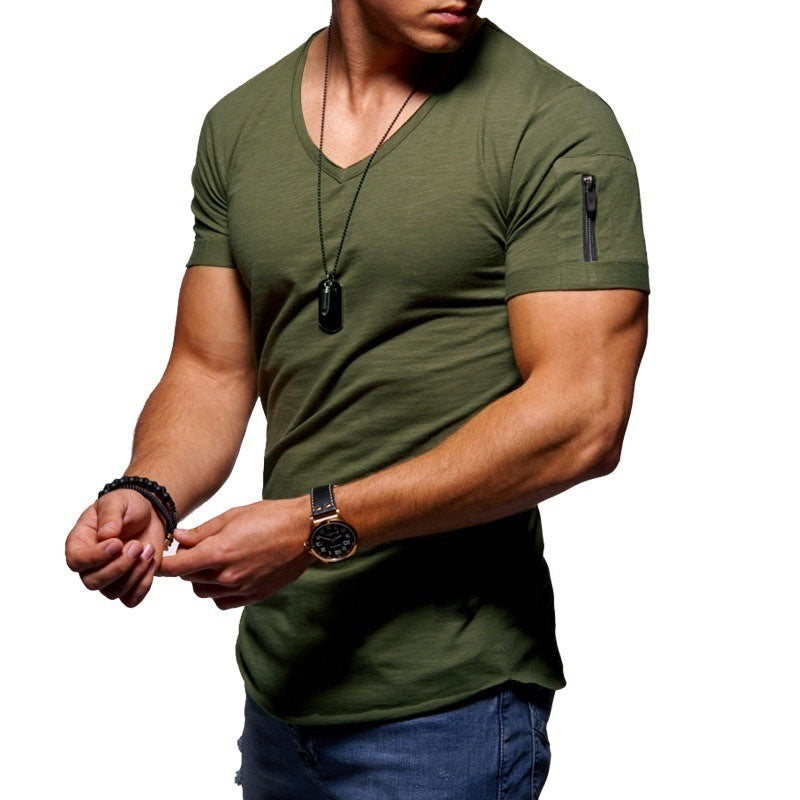 New Summer Men's V Neck T Shirt Fitness Bodybuilding Tshirt High