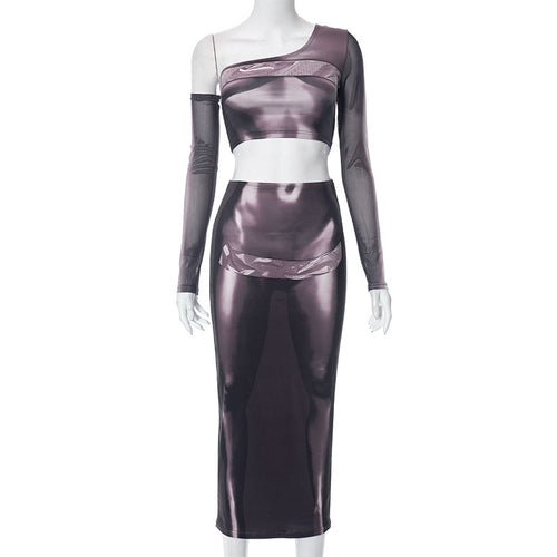 Women Clothing Three Dimensional Printing Oblique Shoulder Tops Long.