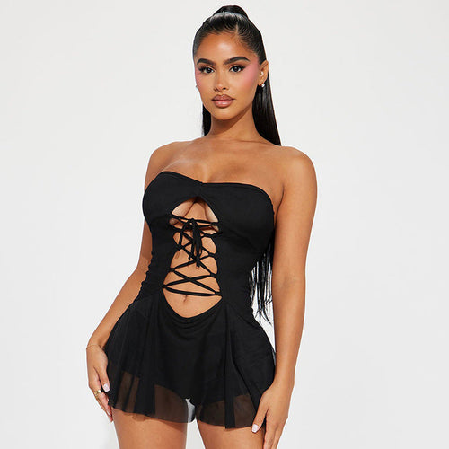 Women Clothing Autumn Hollow Out Cutout out Tied Tube Top Personality.