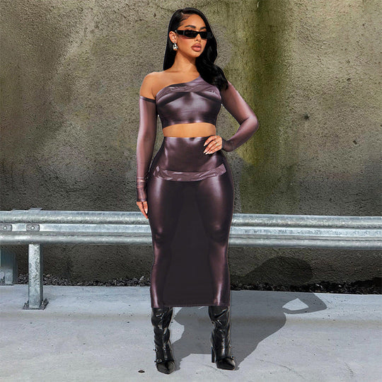 Women Clothing Three Dimensional Printing Oblique Shoulder Tops Long.