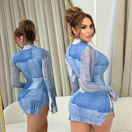 Women Clothing Autumn Casual round Neck Denim Printing Turtleneck Long.