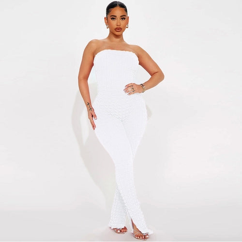 Women Clothing Bubble Grid Tube Top Jumpsuit.