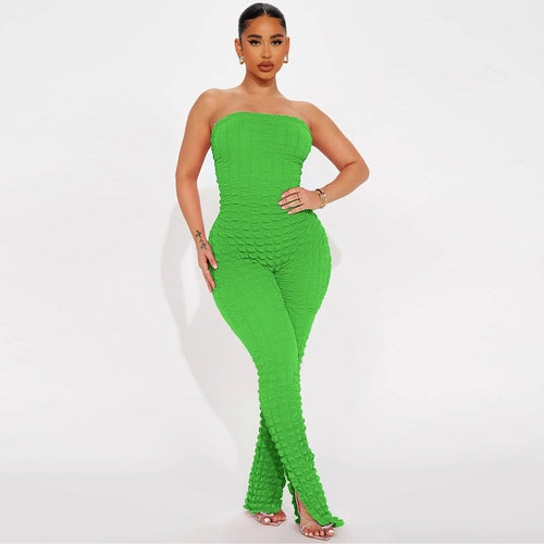 Women Clothing Bubble Grid Tube Top Jumpsuit.