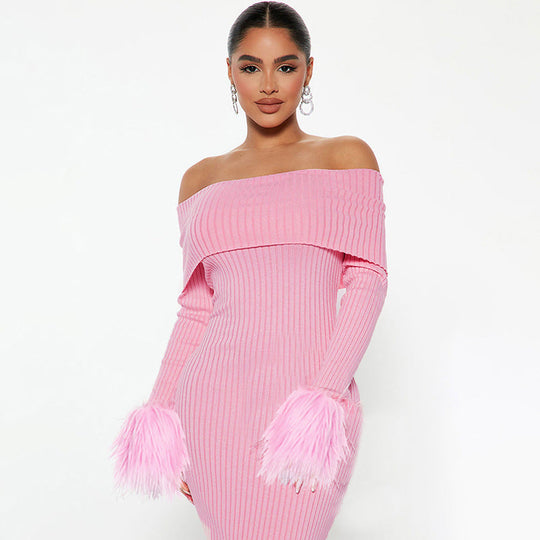 Women Clothing Autumn Solid Color off Shoulder Dress Personality Fur.