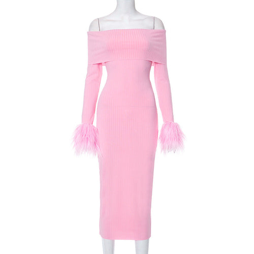 Women Clothing Autumn Solid Color off Shoulder Dress Personality Fur.