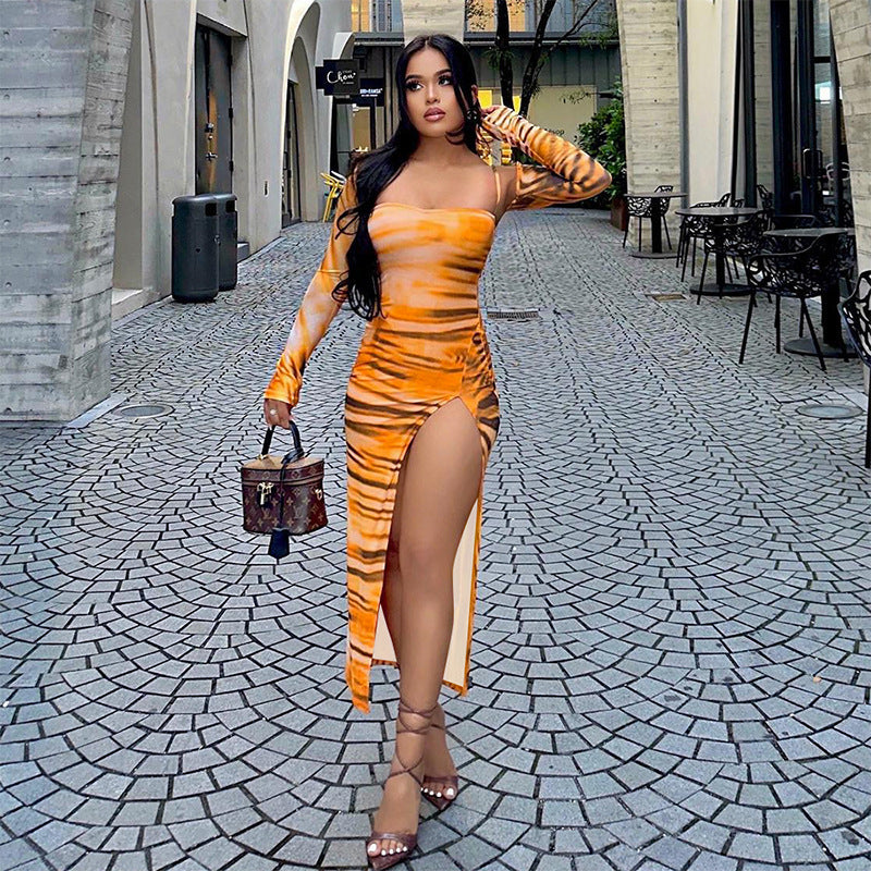 Women Clothing Fall Sexy Halter Bandeau Slim Fit Long Sleeve Split.