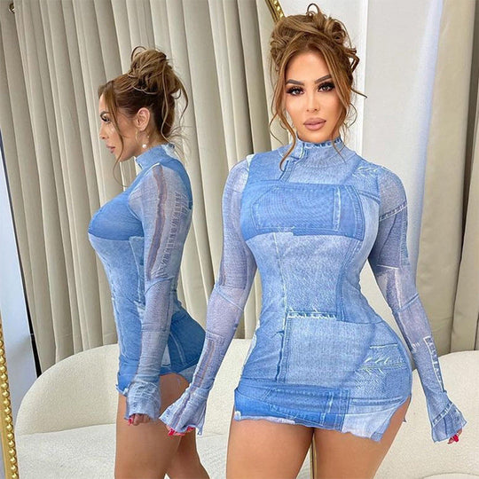 Women Clothing Autumn Casual round Neck Denim Printing Turtleneck Long.
