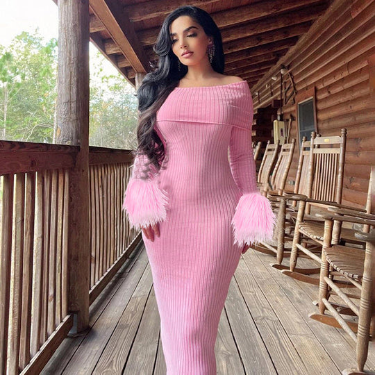 Women Clothing Autumn Solid Color off Shoulder Dress Personality Fur.