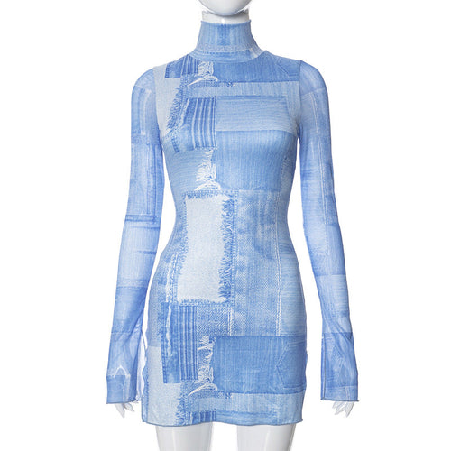 Women Clothing Autumn Casual round Neck Denim Printing Turtleneck Long.