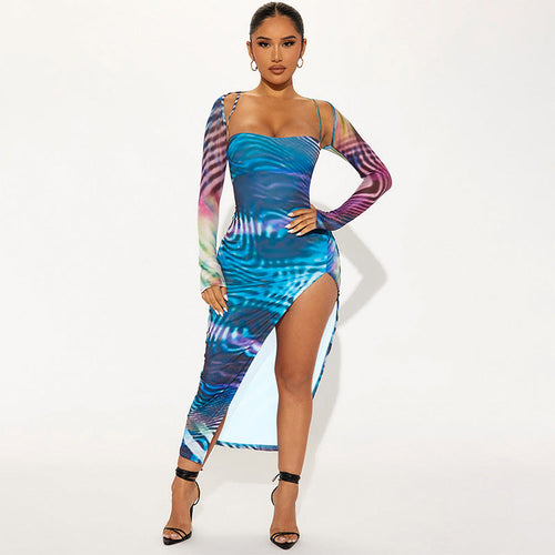 Women Clothing Fall Sexy Halter Bandeau Slim Fit Long Sleeve Split.