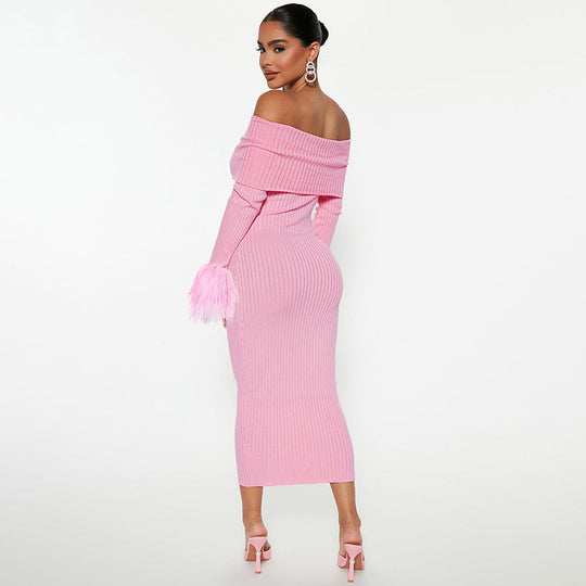 Women Clothing Autumn Solid Color off Shoulder Dress Personality Fur.
