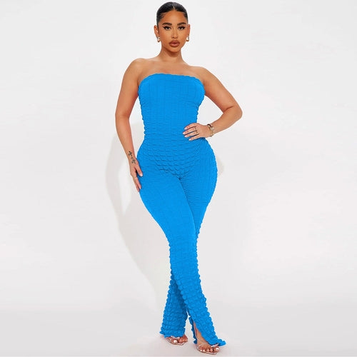 Women Clothing Bubble Grid Tube Top Jumpsuit.