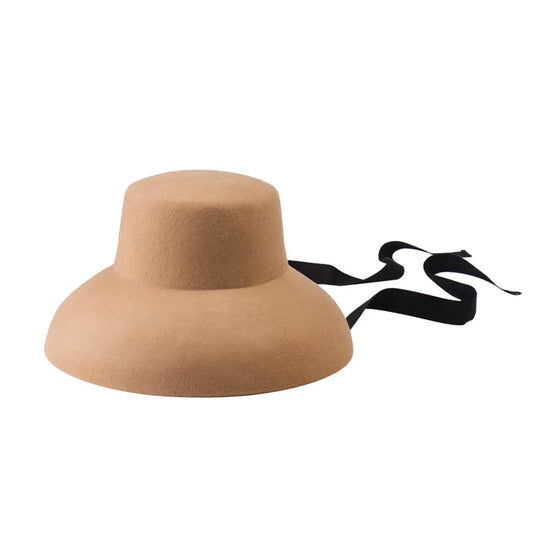 Vintage Elegant Autumn Winter Wool Felt Fedora Hat for Women Flat Top Wide Downturned Brim Hat with Tie Band Church Hat