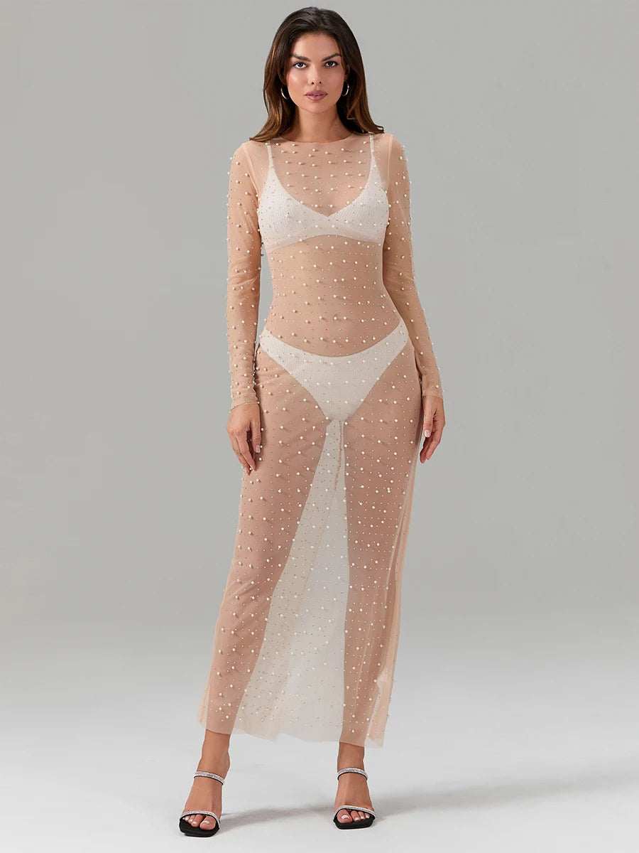 Sexy Women's Sheer Mesh Pearl Rhinestone Beach Cover Up Dress See