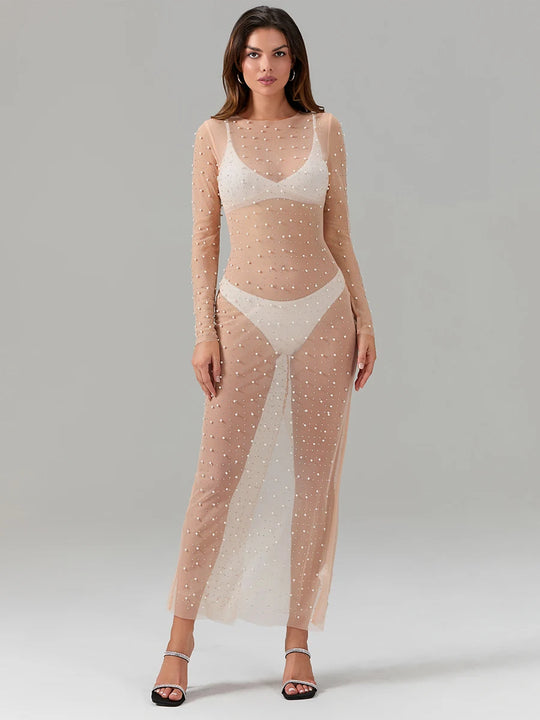 Sexy Women's Sheer Mesh Pearl Rhinestone Beach Cover Up Dress See