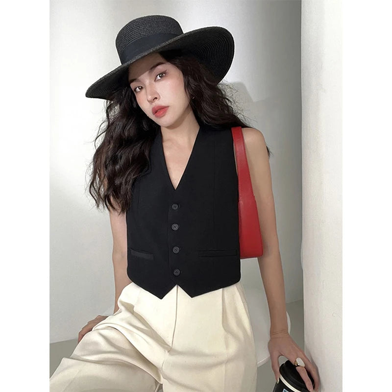 MEXZT Elegant Cropped Blazer Vest Women Vintage Black Suit Waistcoat