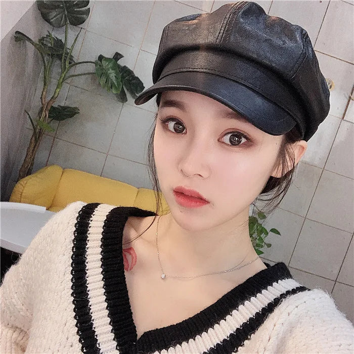 Women Men PU Leather Berets Hat Retro British Solid Beret Baseball Cap Outdoor Sun Hat Winter Warm Octagonal Hats Newsboy Caps