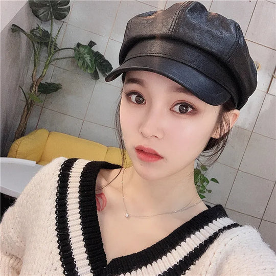 Women Men PU Leather Berets Hat Retro British Solid Beret Baseball Cap Outdoor Sun Hat Winter Warm Octagonal Hats Newsboy Caps