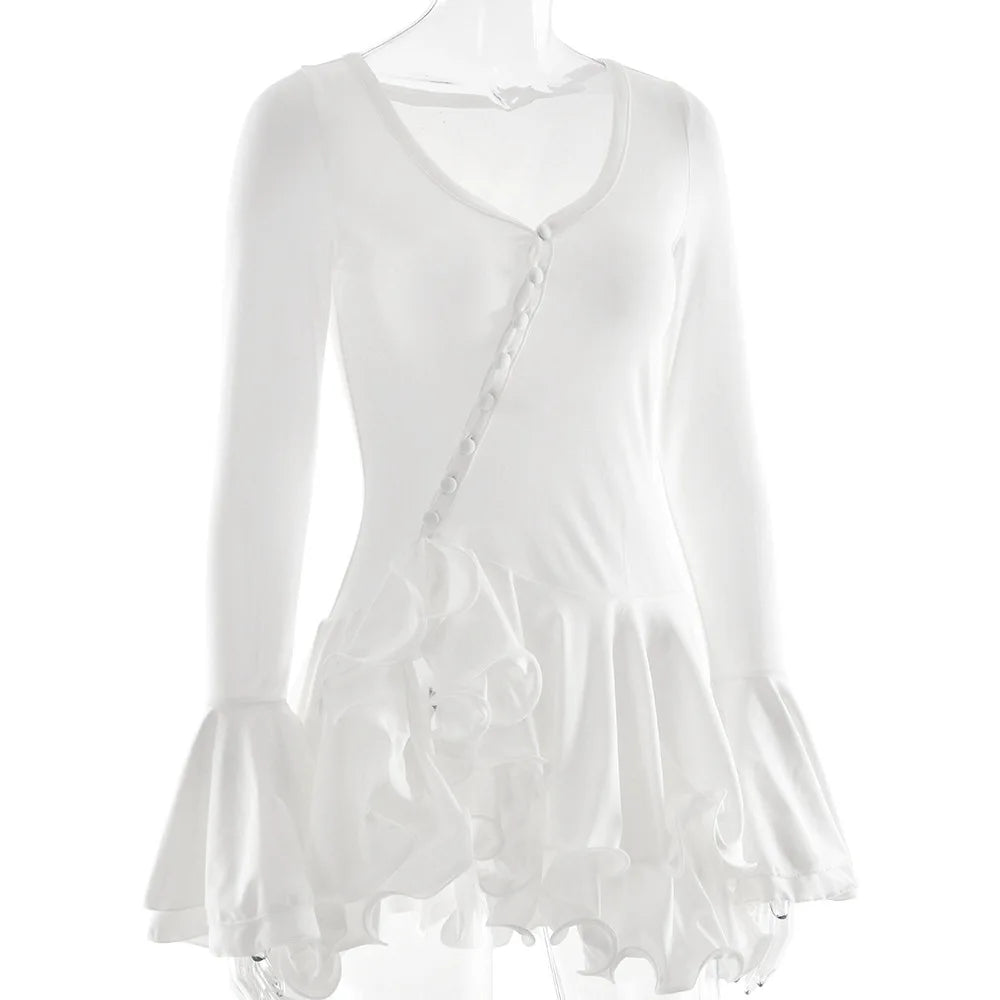 Flare Sleeve Ruffle Sexy V Neck Mini Dress Women Robe Irregular Single-breasted High Waist Slim A-line Club Dress