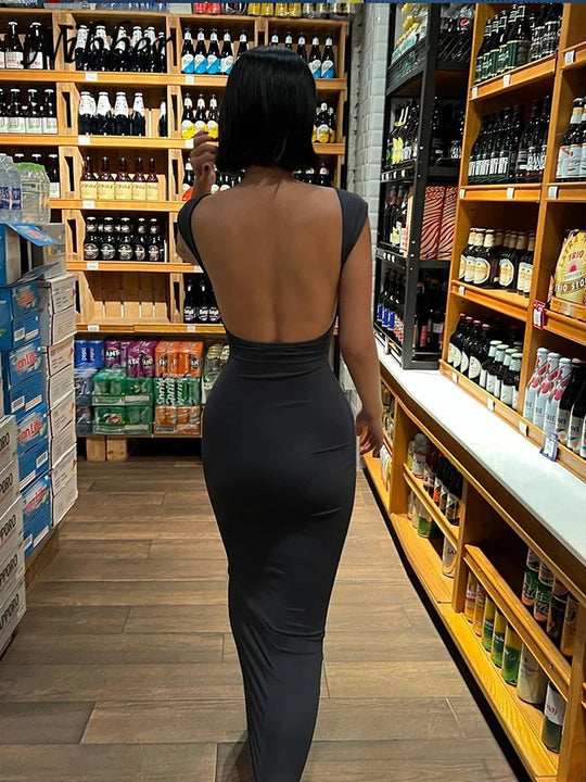 Nibber Solid Sexy Backless Maxi Dress Women Elegant Elastic Slim Short