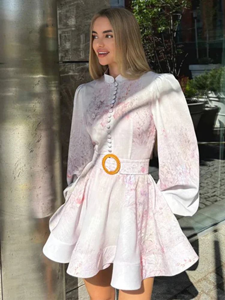 Elegant Women's Printed Dress Long Sleeve O-Neck Button Lady Dresses With Belt Summer Fashion Female Party Short Dress