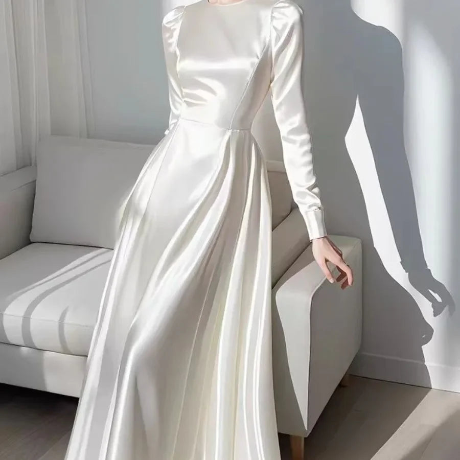 2024 Autumn Elegant Satin Women's Long Sleeve Dress Round Neck White