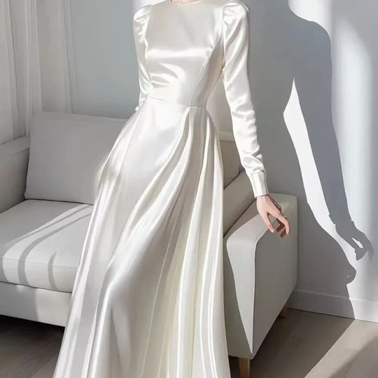 2024 Autumn Elegant Satin Women's Long Sleeve Dress Round Neck White