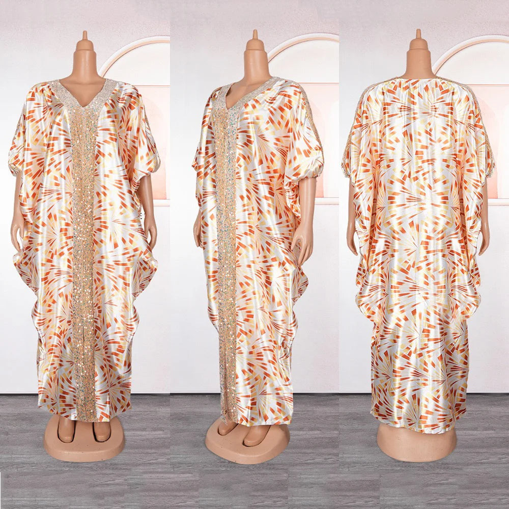 Party Dress Women Elegant Luxury V Neck Batwing Sleeve Sequined Loose Birthday Party Dinner Dress Cloth: Floor Length