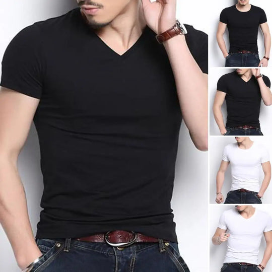 Men's Summer T-Shirt Cotton O-Neck V Neck Solid Color Short