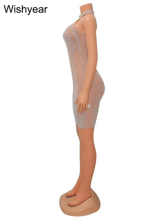 New Hot Rhinestone Mesh See Through Apricot Mini Dress Women