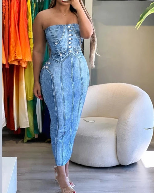 Women's Urban Suits Denim Look Print Bandeau Bodycon  Summer
