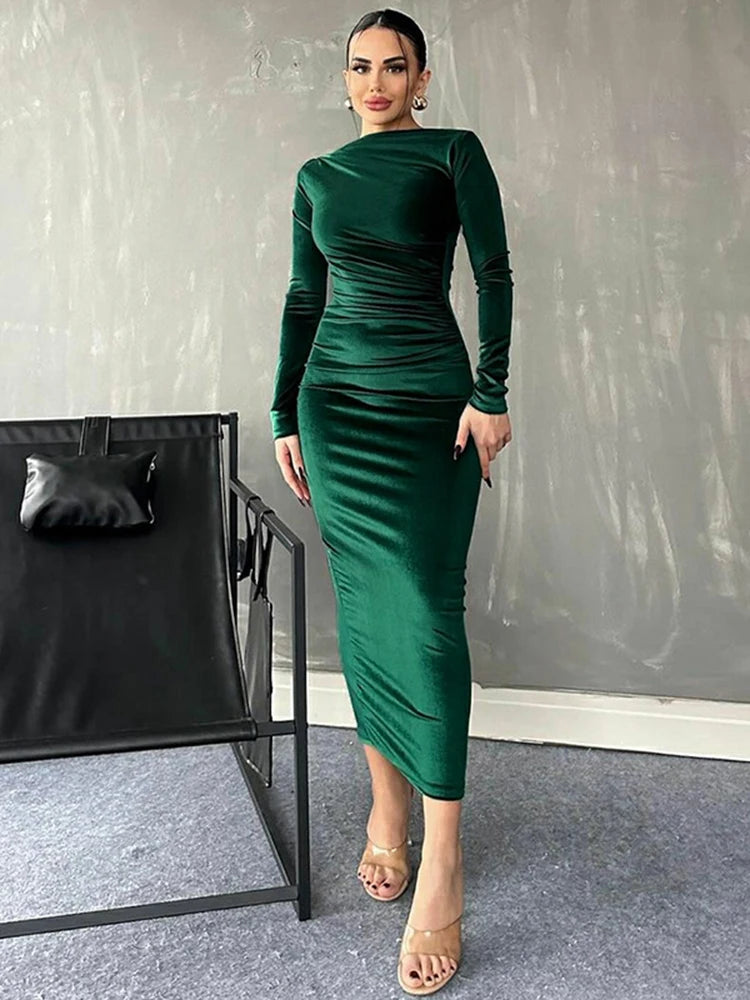 Dulzura Spring Summer Velvet Long Sleeve Midi Dress For Women