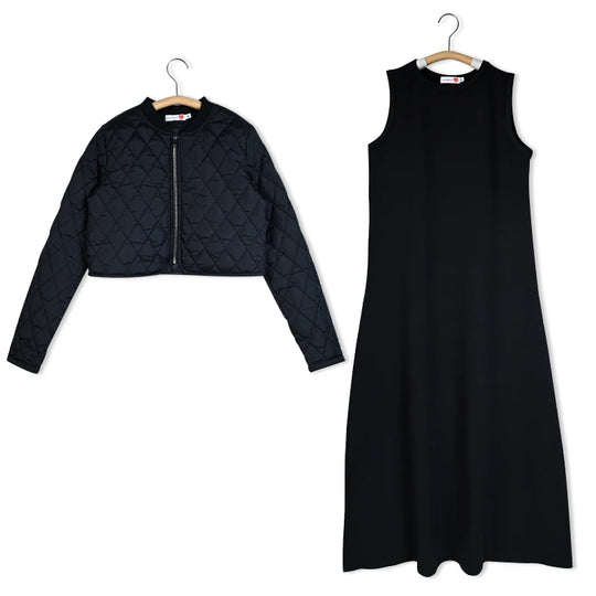 Women cardigan and sleeveless maxi dress outfit casual french terry