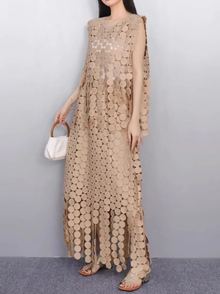 Khaki Hollow Out Tassels T-shirt Half-body Skirt Two Pieces Suit New Round Neck Women Fashion Spring Summer