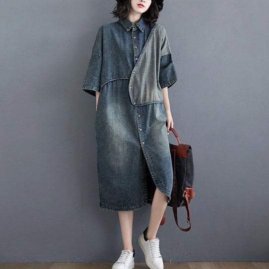 Fashion Lapel Button Pockets Loose Denim Casual Dresses Female Clothing 2024 Summer New Oversized All-match Midi Dress