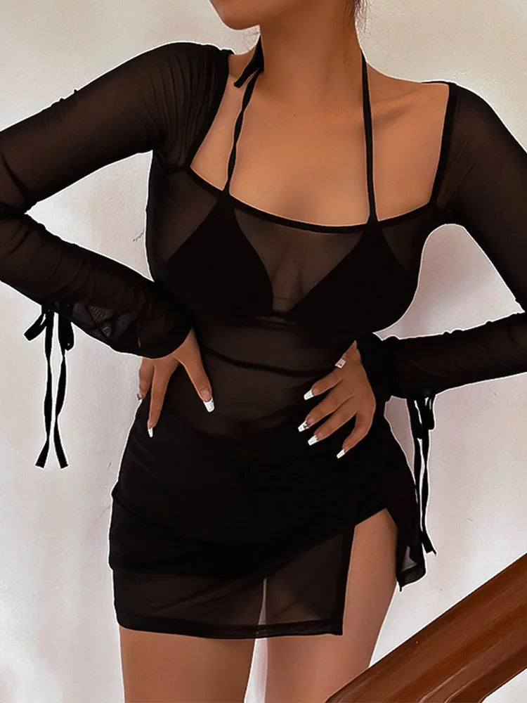 Square Collar Solid Mini Dress For Women Y2k Clothes Gauze Sexi Night