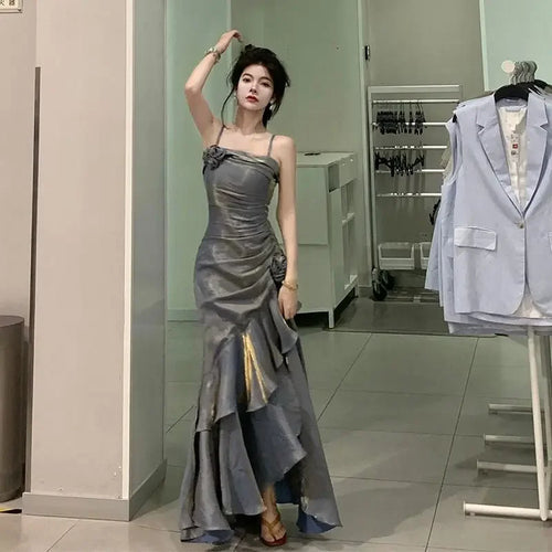 Korean Vintage Velvet Long Dress Women Luxury Slim Mermaid Spaghetti